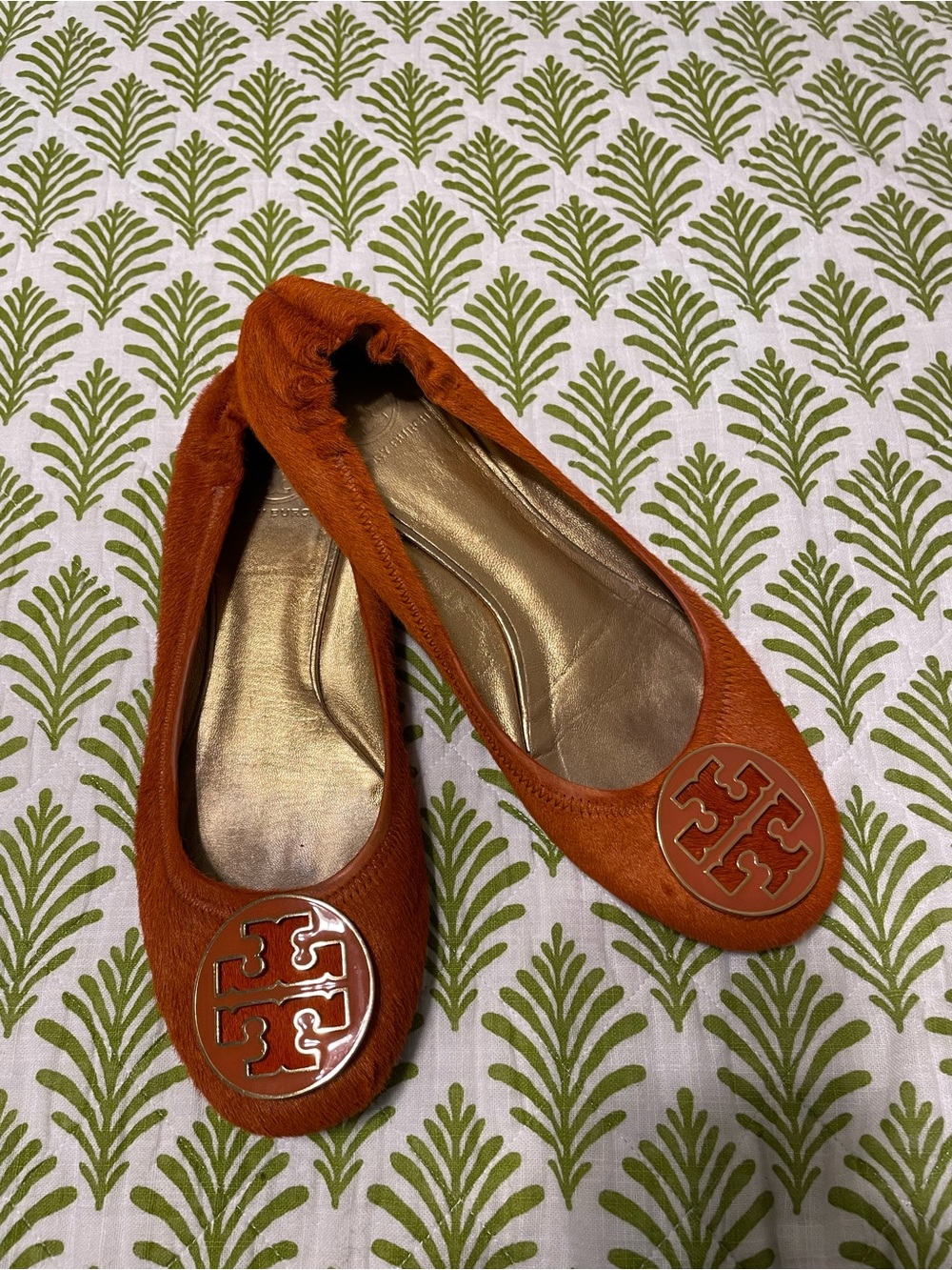 Tory Burch Orange Calf hair gold Logo Round-Toe Ballet Flats